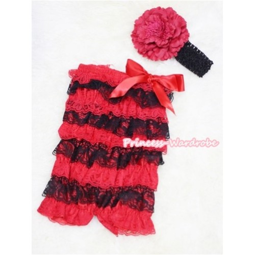 Xmas Red Black Layer Chiffon Romper with Red Bow with Black Headband Set RH48 