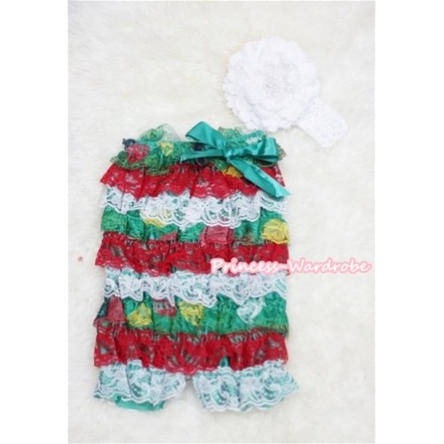 Xmas Red White Green Layer Chiffon Romper with Green Bow with White Headband Set RH52 