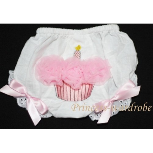 White Bloomer With Light Pink Rosettes Cupcake Print & Light Pink Bow BC35 