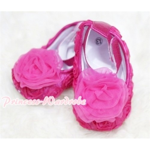 Baby  Hot Pink Crib Shoes with Hot Pink Rosettes S123 