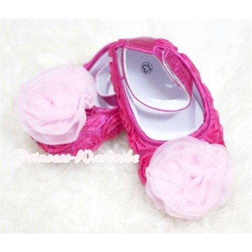 Baby Hot Pink Crib Shoes with Light Pink  Rosettes S125 