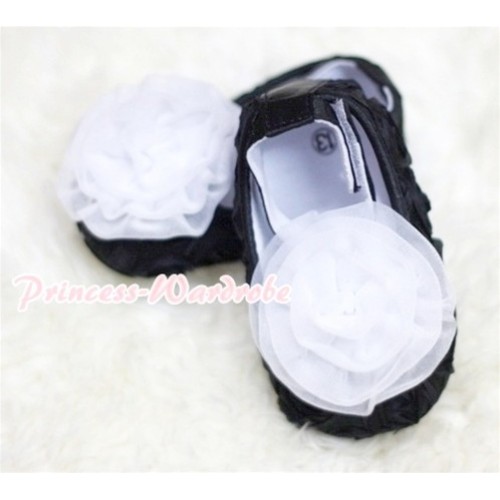 Baby Black Crib Shoes with White Rosettes S127 