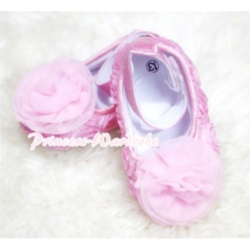 Baby Light Pink Crib Shoes with Light  Pink Rosettes S130 