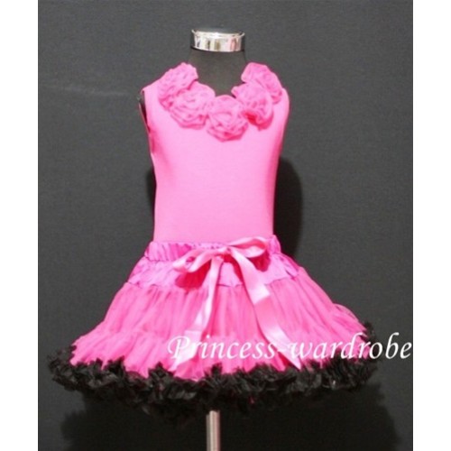 Hot Pink Black Pettiskirt with matching Hot pink Tank Tops with hot pink Rosettes mh16 