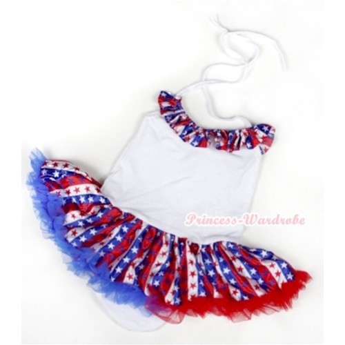 White Baby Halter Jumpsuit Red White Royal Blue Striped Stars Pettiskirt With Red White Royal Blue Striped Stars Satin Lacing JS1027 
