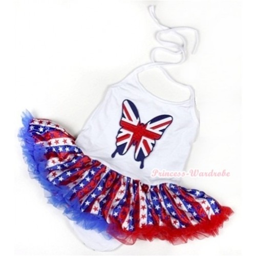 White Baby Halter Jumpsuit Red White Royal Blue Striped Stars Pettiskirt With Patriotic British Butterfly Print JS1030 