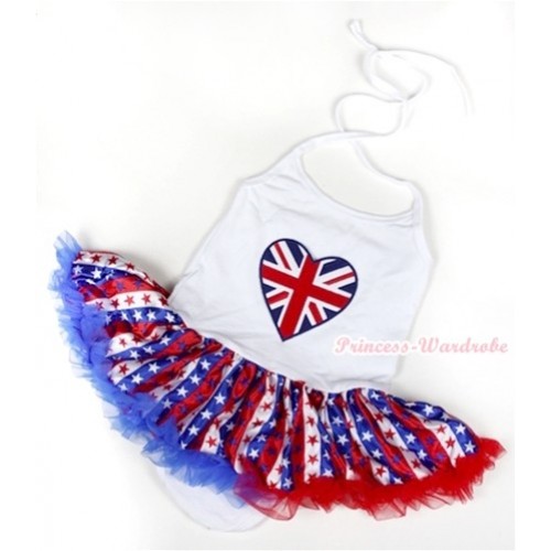 White Baby Halter Jumpsuit Red White Royal Blue Striped Stars Pettiskirt With Patriotic Britsih Heart Print JS1038 