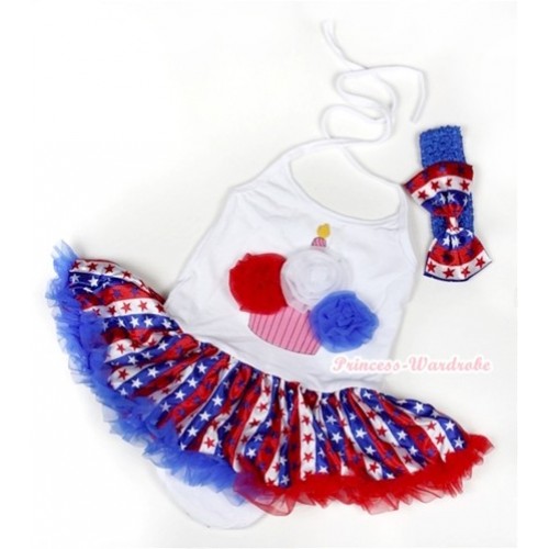 White Baby Halter Jumpsuit Red White Royal Blue Striped Stars Pettiskirt With Red White Royal Blue Rosettes Birthday Cake Print With Royal Blue Headband Red White Blue Striped Stars Satin Bow JS1043 