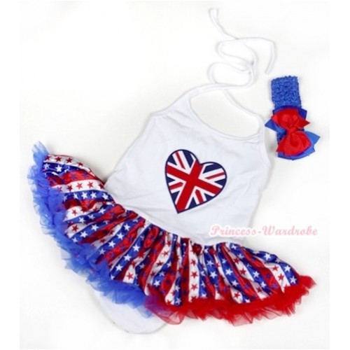 White Baby Halter Jumpsuit Red White Royal Blue Striped Stars Pettiskirt With Patriotic British Heart Print With Royal Blue Headband Red Royal Blue Ribbon Bow JS1045 