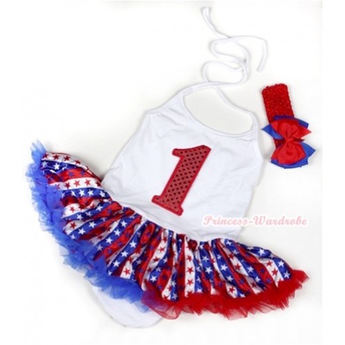 White Baby Halter Jumpsuit Red White Royal Blue Striped Stars Pettiskirt With 1st Sparkle Red Birthday Number Print With Red Headband Red Royal Blue Ribbon Bow JS1047 