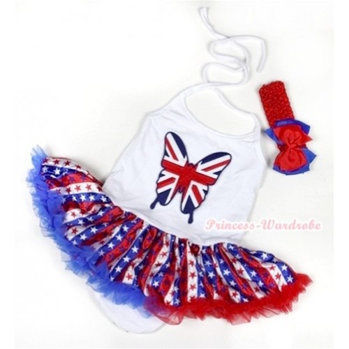 White Baby Halter Jumpsuit Red White Royal Blue Striped Stars Pettiskirt With Patriotic Brtish Butterfly Print With Red Headband Red Royal Blue Ribbon Bow JS1048 