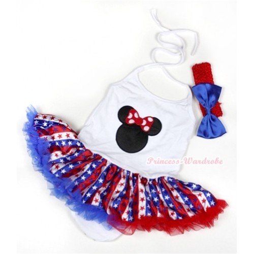 White Baby Halter Jumpsuit Red White Royal Blue Striped Stars Pettiskirt With Minnie Print With Red Headband Royal Blue Satin Bow JS1052 