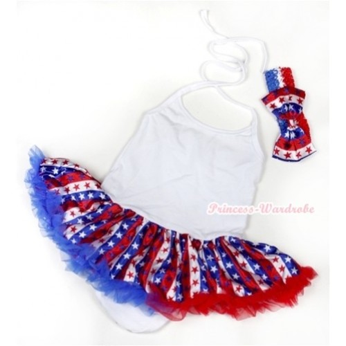 White Baby Halter Jumpsuit Red White Royal Blue Striped Stars Pettiskirt With Red White Royal Blue Headband Red White Royal Blue Striped Stars Satin Bow JS1040 
