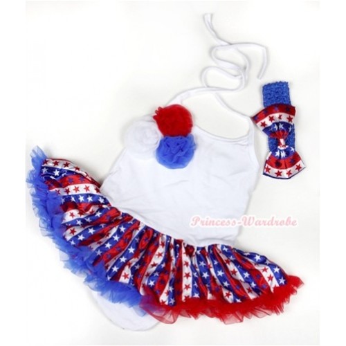 White Baby Halter Jumpsuit Red White Royal Blue Striped Stars Pettiskirt With Bunch Of Red White Royal Blue Rosettes With Royal Blue Headband Red White Royal Blue Striped Stars Satin Bow JS1041 