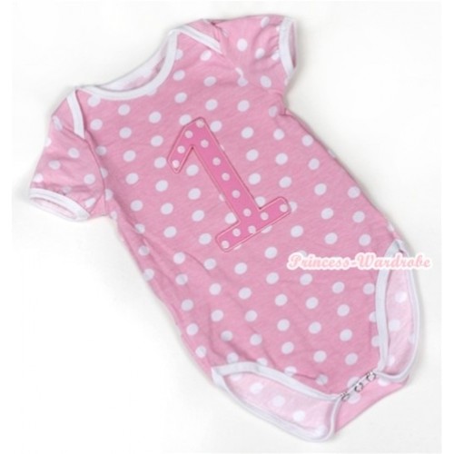 Light Pink White Polka Dots Baby Jumpsuit with 1st Light Pink White Dots Birthday Number Print TH348 
