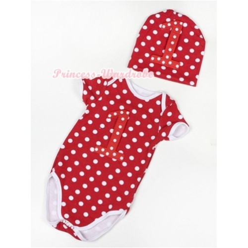 Minnie Polka Dots Baby Jumpsuit with 1st Red White Polka Dots Birthday Number Print with Cap Set JP37 