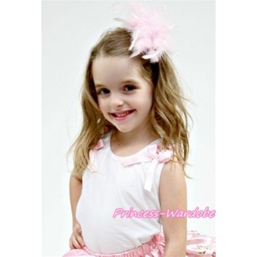 White Tank Top with Floral Ruffles and Light Pink Bow T351 