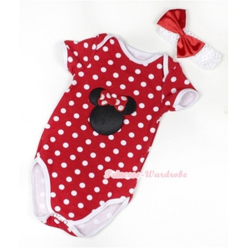 Minnie Polka Dots Baby Jumpsuit with Minnie Print With White Headband Red Satin Bow TH368 