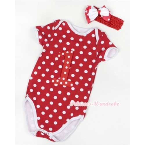 Minnie Polka Dots Baby Jumpsuit with 1st Red White Dots Birthday Number Print With Red Headband White & Minnie Dots Ribbon Bow TH371 
