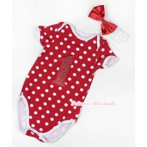 Minnie Polka Dots Baby Jumpsuit with 1st Sparkle Red Birthday Number Print With White Headband Red Satin Bow TH372 