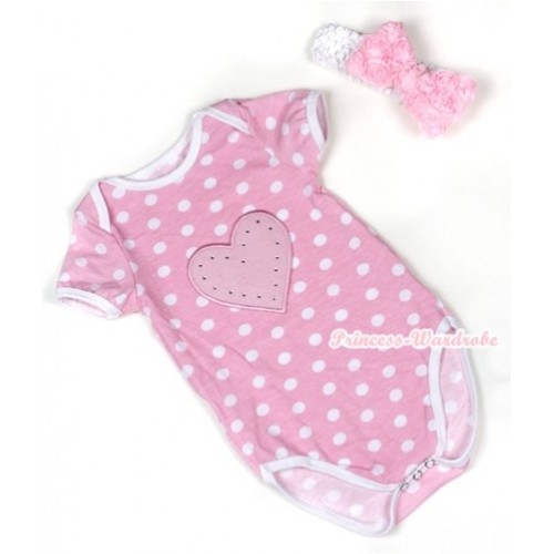 Light Pink White Polka Dots Baby Jumpsuit with Light Pink Heart Print With White Headband Light Pink Romantic Rose Bow TH373 