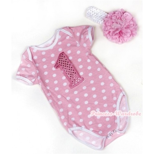 Light Pink White Polka Dots Baby Jumpsuit with 1st Sparkle Light Pink Birthday Number Print With White Headband Light Pink Peony TH377 
