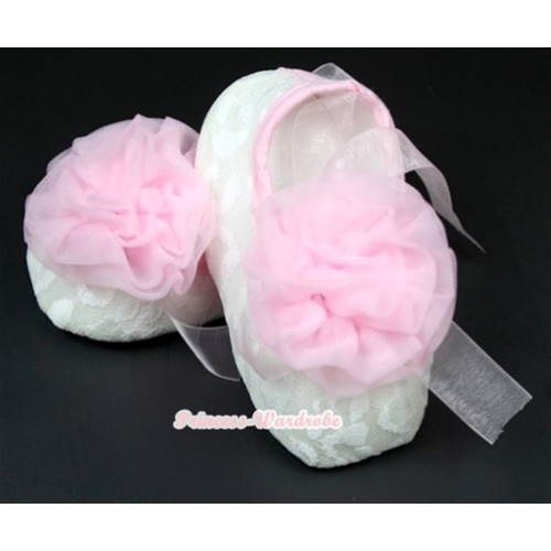 White Lace Crib Shoes With Light Pink Ribbon With Light Pink Rosettes S539 