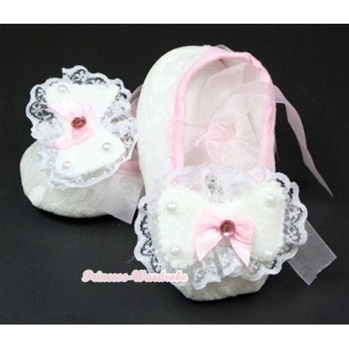 White Lace Crib Shoes With Light Pink Ribbon With Lace Bow S541 