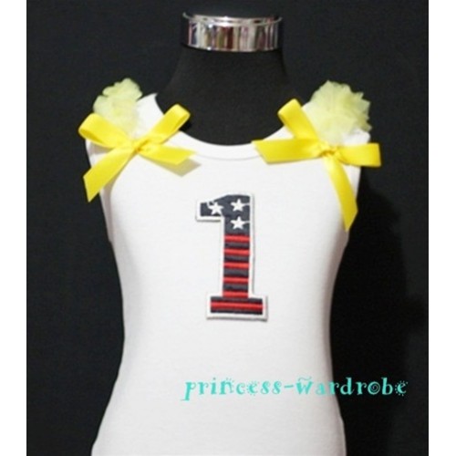 1st Patriotic Print Birthday number White Tank Top with Yellow Ribbon and Ruffles TW04 