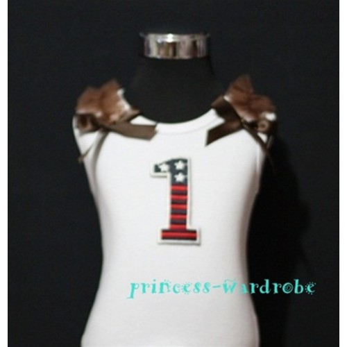 1st Patriotic Print Birthday number White Tank Top with Brown Ribbon and Ruffles TW14 
