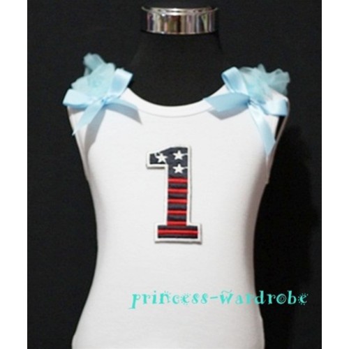 1st Patriotic Print Birthday number White Tank Top with Light Blue Ribbon and Ruffles TW06 
