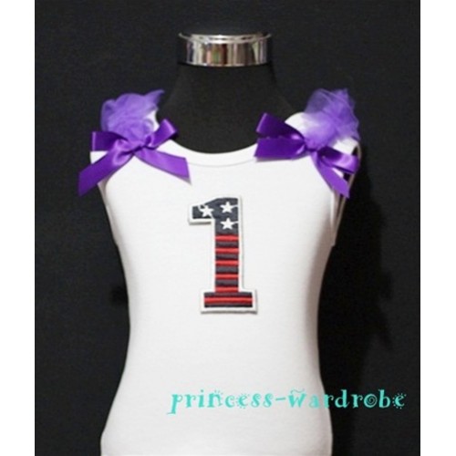 1st Patriotic Print Birthday number White Tank Top with Dark Purple Ribbon and Ruffles TW09 