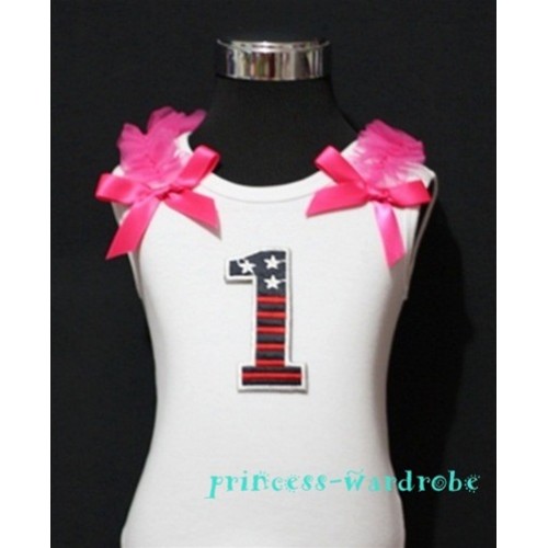 1st Patriotic Print Birthday number White Tank Top with Hot Pink Ribbon and Ruffles TW10 