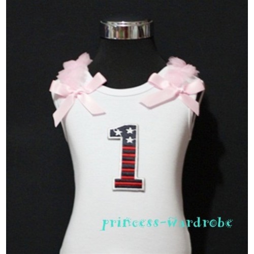 1st Patriotic Print Birthday number White Tank Top with Light Pink Ribbon and Ruffles TW11 