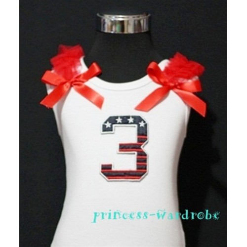 3rd Patriotic Print Birthday number White Tank Top with Red Ribbon and Ruffles TW30 