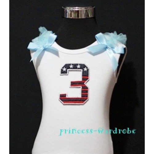 3rd Patriotic Print Birthday number White Tank Top with Light Blue Ribbon and Ruffles TW34 