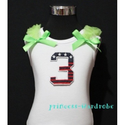 3rd Patriotic Print Birthday number White Tank Top with Light Green Ribbon and Ruffles TW35 