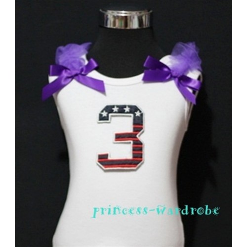 3rd Patriotic Print Birthday number White Tank Top with Dark Purple Ribbon and Ruffles TW37 