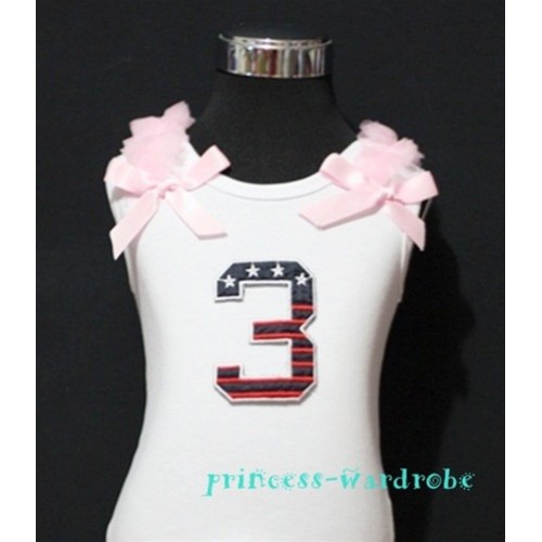 3rd Patriotic Print Birthday number White Tank Top with Light Pink Ribbon and Ruffles TW39 