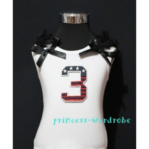 3rd Patriotic Print Birthday number White Tank Top with Black Ribbon and Ruffles TW40 