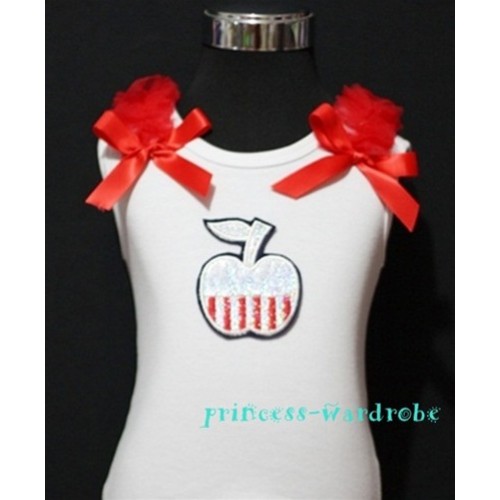 Patriotic Print Apple White Tank Top with Red Ribbon and Ruffles TW44 
