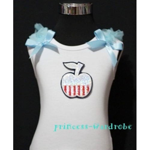 Patriotic Print Apple White Tank Top with Light Blue Ribbon and Ruffles TW48 