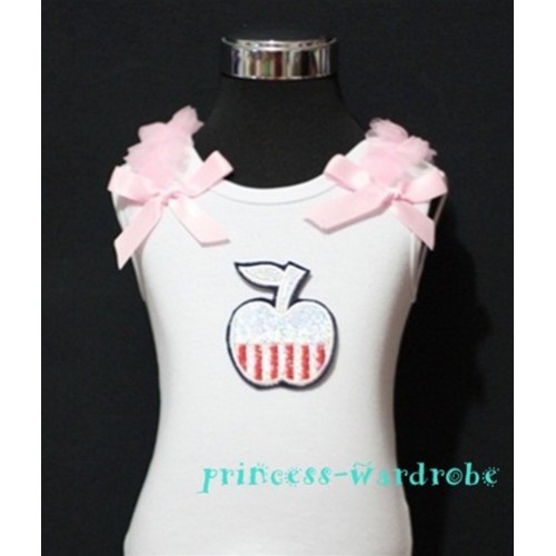 Patriotic Print Apple White Tank Top with Light Pink Ribbon and Ruffles TW53 