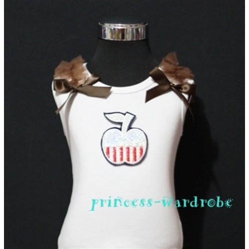 Patriotic Print Apple White Tank Top with Brown Ribbon and Ruffles TW56 
