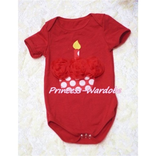 Hot Red Baby Jumpsuit with Red Rosettes Minnie Dots Birthday Cake TH116 