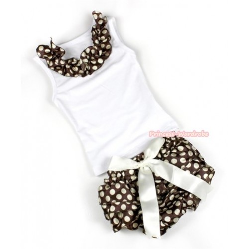 White Baby Pettitop With Brown Golden Polka Dots Satin Lacing With Cream White Big Bow Brown Golden Polka Dots Satin Bloomers LD222 