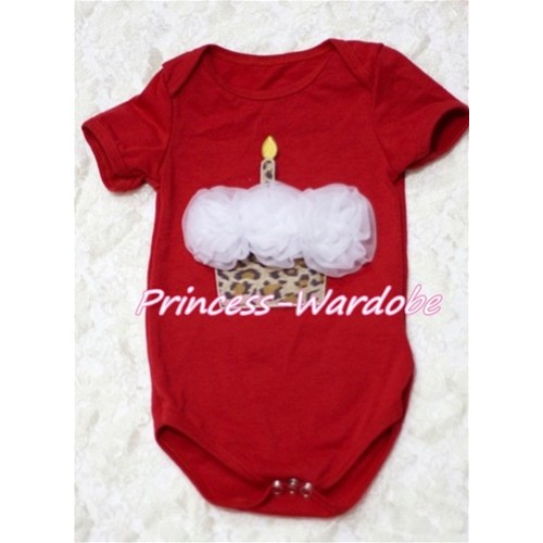 Hot Red Baby Jumpsuit with White Rosettes Leopard Birthday Cake Print TH121 