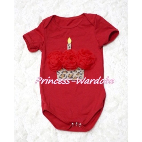 Hot Red Baby Jumpsuit with Red Rosettes Leopard Birthday Cake Print TH120 