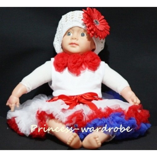 White Baby Pettitop & Red Rosettes with Red White Blue Pettiskirt NG07 
