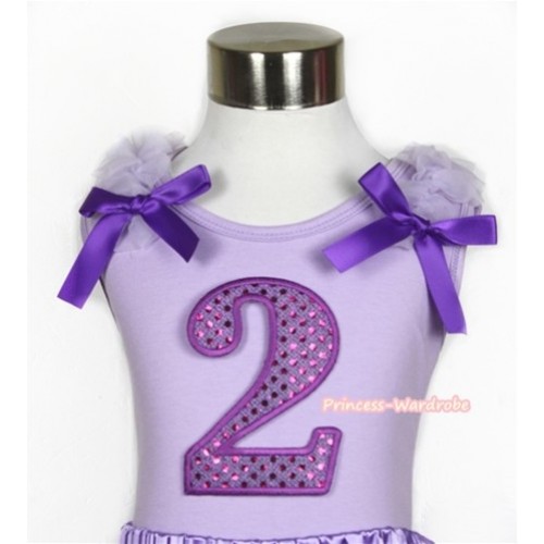 Lavender Tank Top With 2nd Sparkle Dark Purple Birthday Number Print with Lavender Ruffles & Dark Purple Bow TN204 
